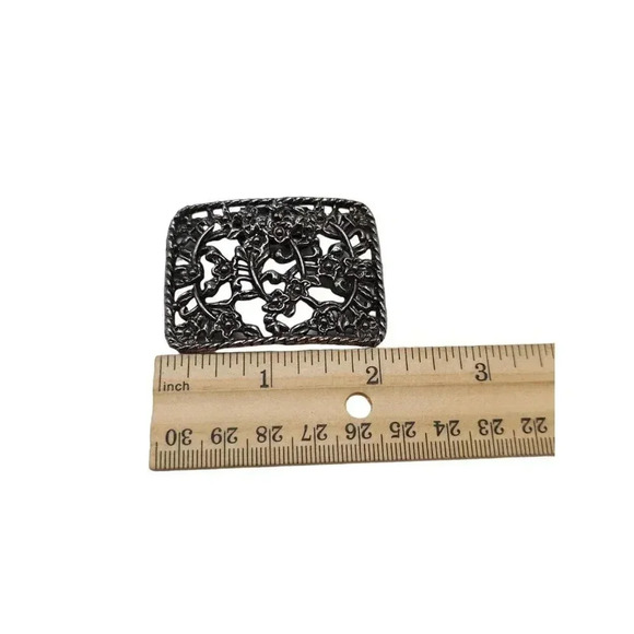 Set of 2 Floral Openwork Shoe Clips Silver Oxidized Tone Metal Vintage - Picture 5 of 6